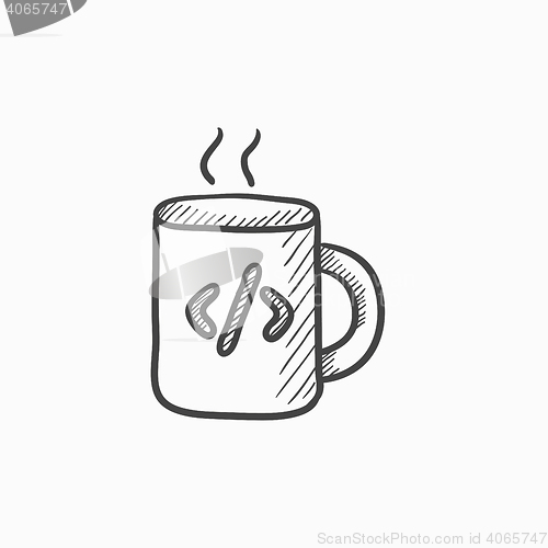 Image of Cup of coffee with code sign sketch icon.