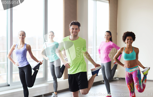 Image of group of smiling people exercising in gym
