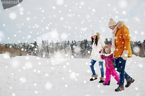 Image of happy family in winter clothes walking outdoors