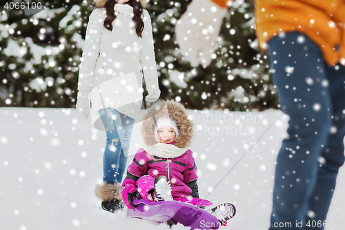 Image of happy family with sled walking in winter forest