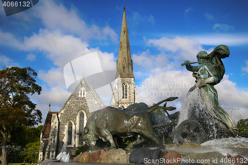 Image of St. Alban\'s church (Den engelske kirke) and fountain in Copenhag