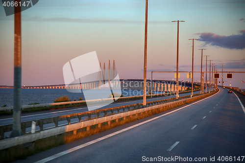 Image of View on Oresund bridge between Sweden and Denmark at sunset