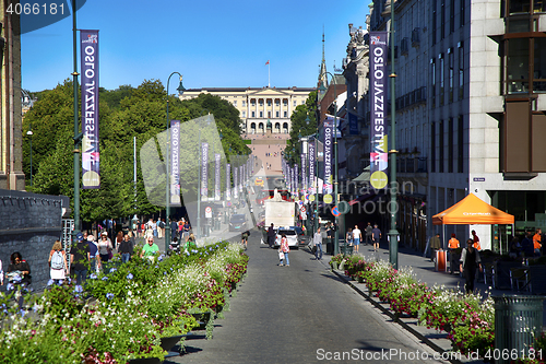 Image of OSLO, NORWAY - AUGUST 18, 2016: People walk Oslo\'s main street K