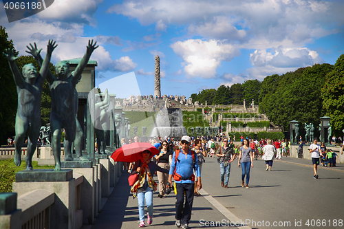 Image of EDITORIAL OSLO, NORWAY - AUGUST 18, 2016: Many tourist walk Vige