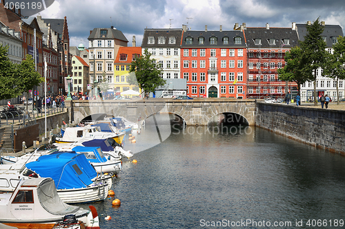 Image of COPENHAGEN, DENMARK - AUGUST 14, 2016: View of canal, boat with 