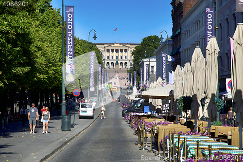 Image of OSLO, NORWAY - AUGUST 18, 2016: People walk Oslo\'s main street K