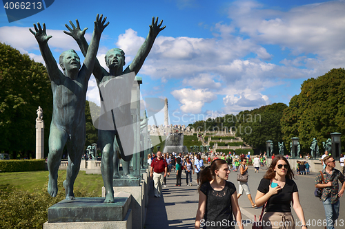 Image of EDITORIAL OSLO, NORWAY - AUGUST 18, 2016: Many tourist walk Vige