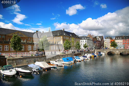 Image of COPENHAGEN, DENMARK - AUGUST 14, 2016: View of canal, boat with 