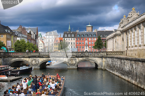 Image of COPENHAGEN, DENMARK - AUGUST 14, 2016: View of canal, boat with 