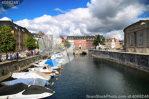 Image of COPENHAGEN, DENMARK - AUGUST 14, 2016: View of canal, boat with 