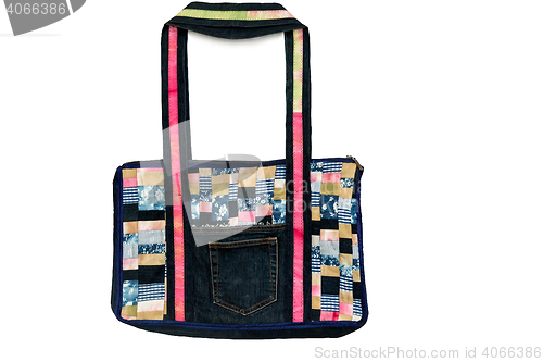 Image of Bag made of fabric patchwork on a white background.