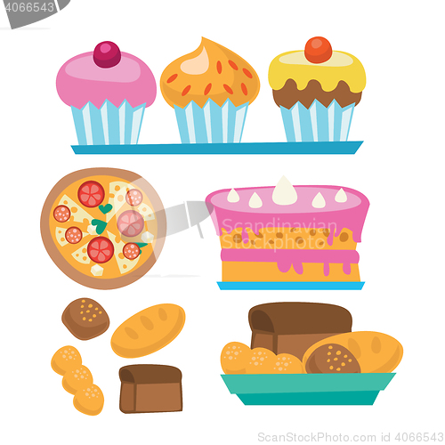 Image of Pizza and assortment of sweet pastry.