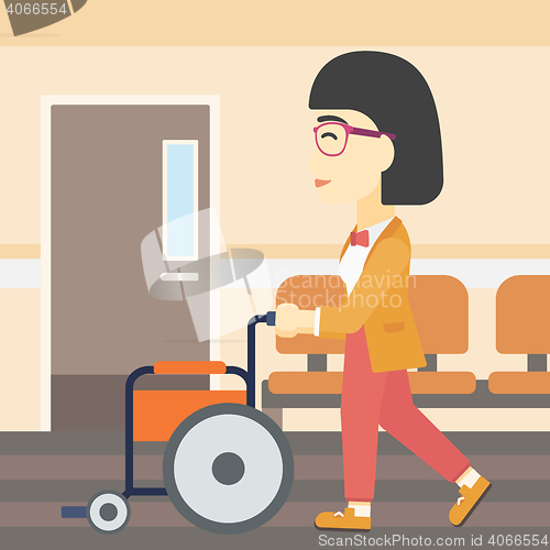 Image of Woman pushing wheelchair vector illustration.