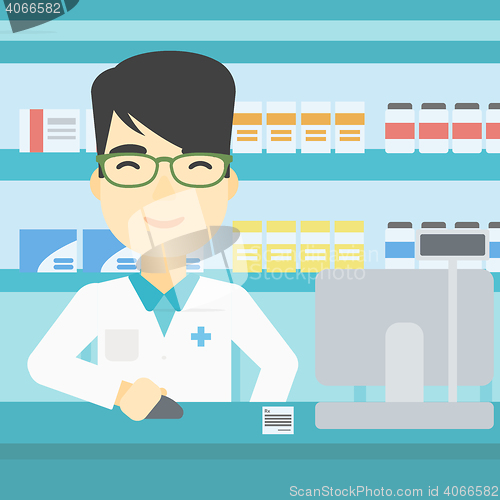 Image of Pharmacist at counter with cash box.