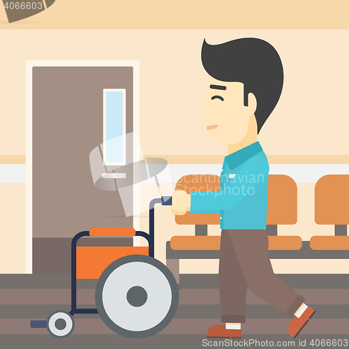 Image of Man pushing wheelchair vector illustration.