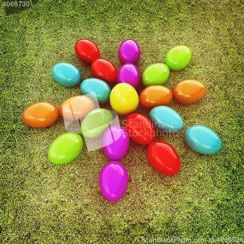 Image of Colored Easter eggs as a flower on a green grass. 3D illustratio