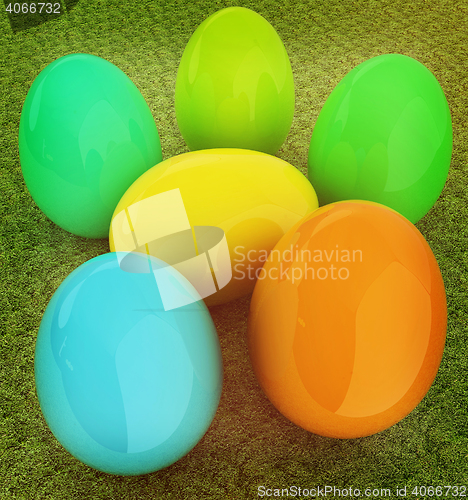 Image of Colored Easter eggs on a green grass. 3D illustration. Vintage s