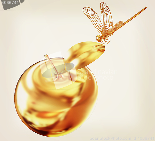 Image of Dragonfly on gold apples. 3D illustration. Vintage style.