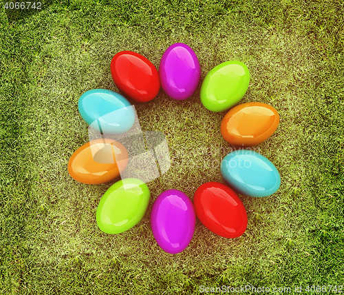 Image of Colored Easter eggs as a flower on a green grass. 3D illustratio