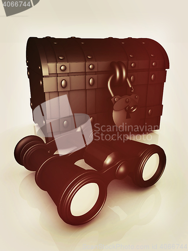 Image of binoculars and chest. 3D illustration. Vintage style.