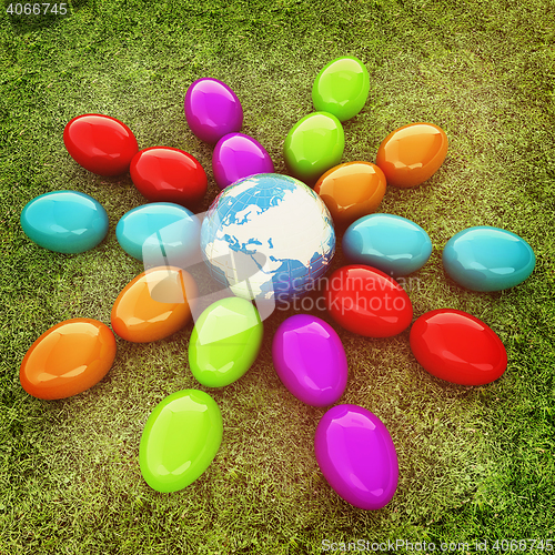 Image of Colored Easter eggs as a flower on a green grass. 3D illustratio