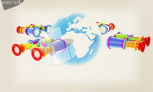 Image of binoculars around earth. 3D illustration. Vintage style.