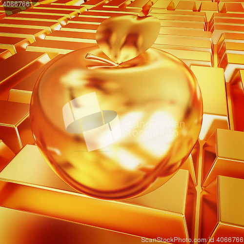 Image of golden apple on the gold bars background. 3D illustration. Vinta