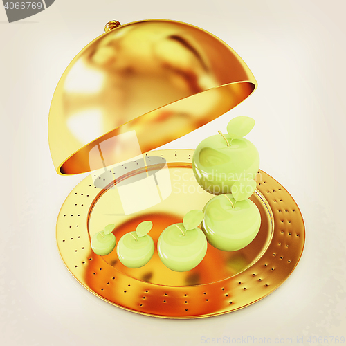 Image of Serving dome or Cloche and apples . 3D illustration. Vintage sty