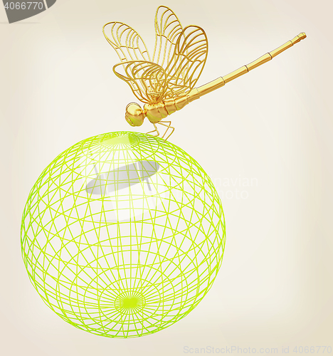 Image of Dragonfly on abstract design sphere. 3D illustration. Vintage st