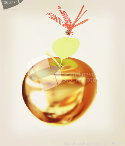 Image of Dragonfly on gold apple. 3D illustration. Vintage style.