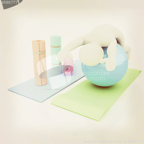 Image of 3d man on a karemat with fitness ball. 3D illustration. 3D illus