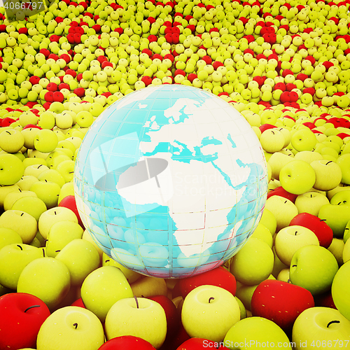 Image of apples background and Earth. Global concept Thanksgiving Day. 3D