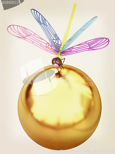 Image of Dragonfly on abstract design sphere. 3D illustration. Vintage st