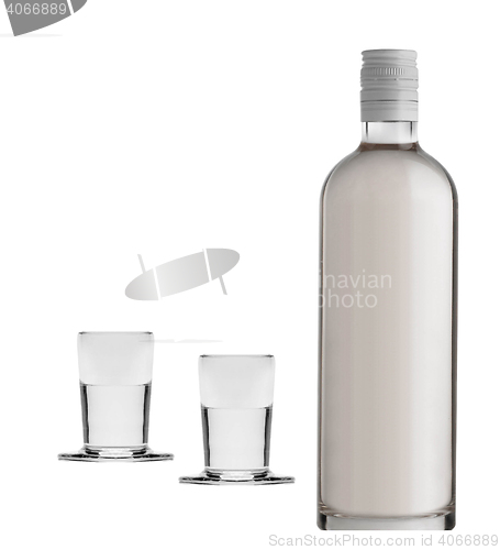 Image of Bottle of vodka and shots