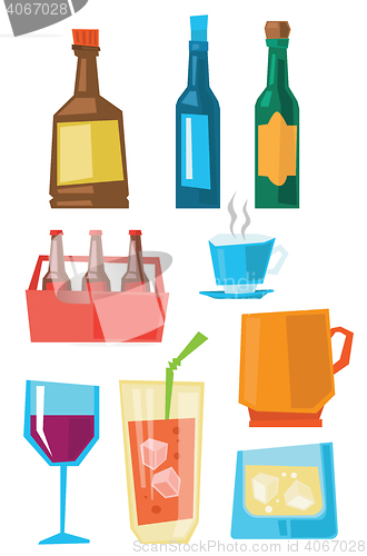 Image of Various glasses and bottles of beverages.