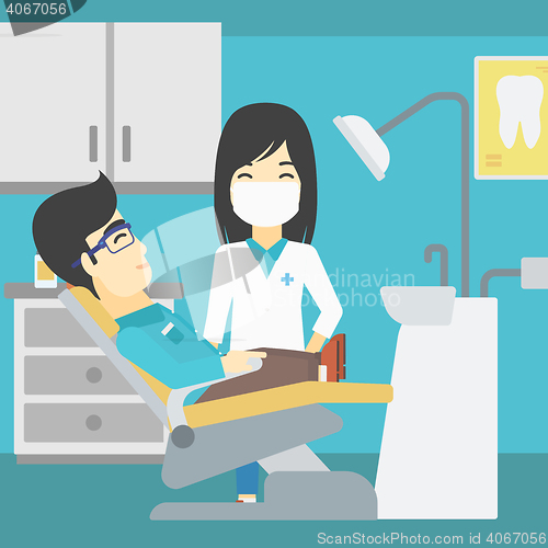 Image of Patient and doctor at dentist office.