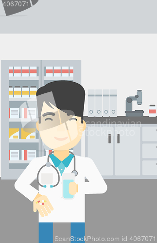 Image of Pharmacist giving pills and glass of water.