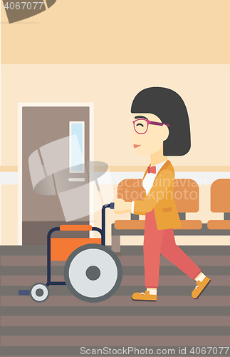 Image of Woman pushing wheelchair vector illustration.