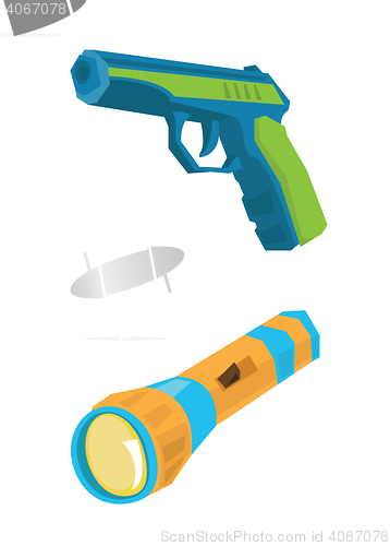 Image of Pistol and flashlight vector illustration.