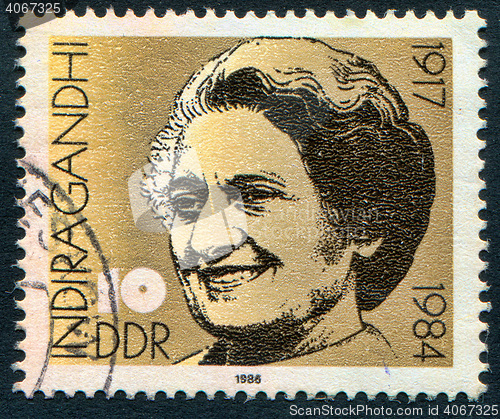 Image of GERMANY - CIRCA 1986: A stamp printed in Germany showing the Prime Minister of India, Indira Priyadarshini Gandhi, circa 1986