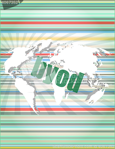 Image of byod word on digital screen, mission control interface hi technology vector quotation marks with thin line speech bubble. concept of citation, info, testimonials, notice, textbox. flat style design 