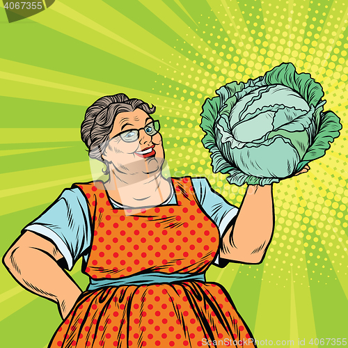 Image of Smiling retro old woman with a head of green cabbage