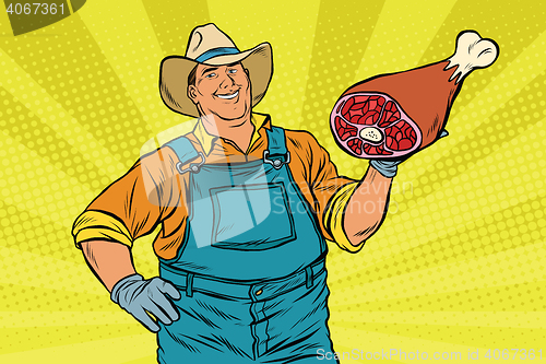 Image of Rural retro farmer and meat leg