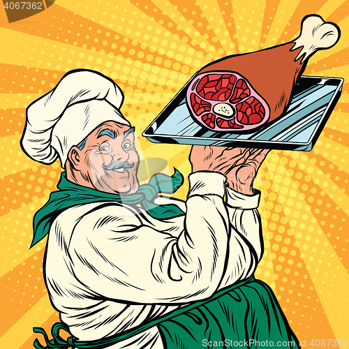 Image of joyful retro cook with meat foot