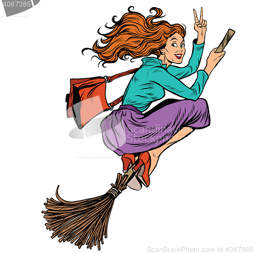 Image of Beautiful woman witch flying on a broom