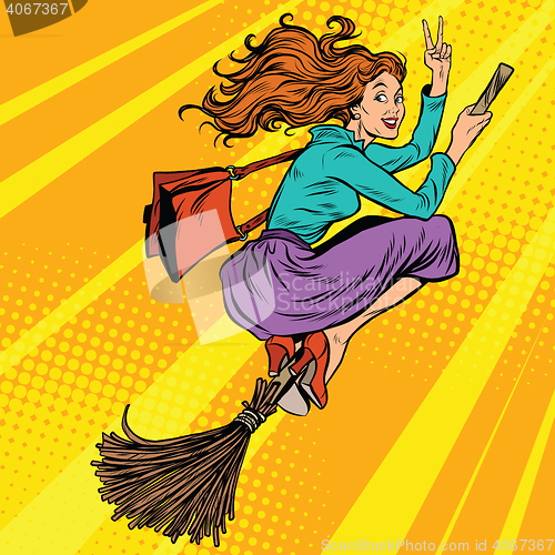 Image of Beautiful woman witch flying on a broom