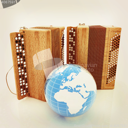 Image of Musical instruments - retro bayans and Earth. 3D illustration. V