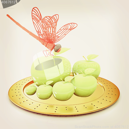 Image of Dragonfly on apple on Serving dome or Cloche. Natural eating con