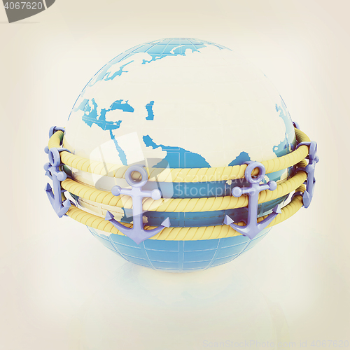 Image of Design fence of anchors on the ropes and Earth in the center. 3D