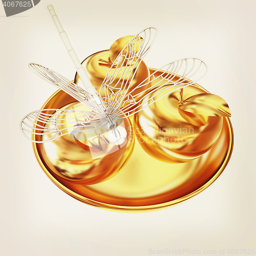 Image of Dragonfly on gold apples. 3D illustration. Vintage style.